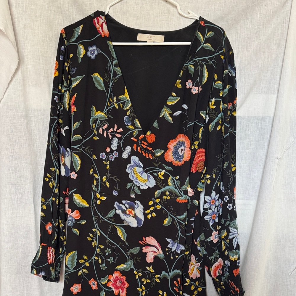 LOFT Black Floral V-Neck Dress